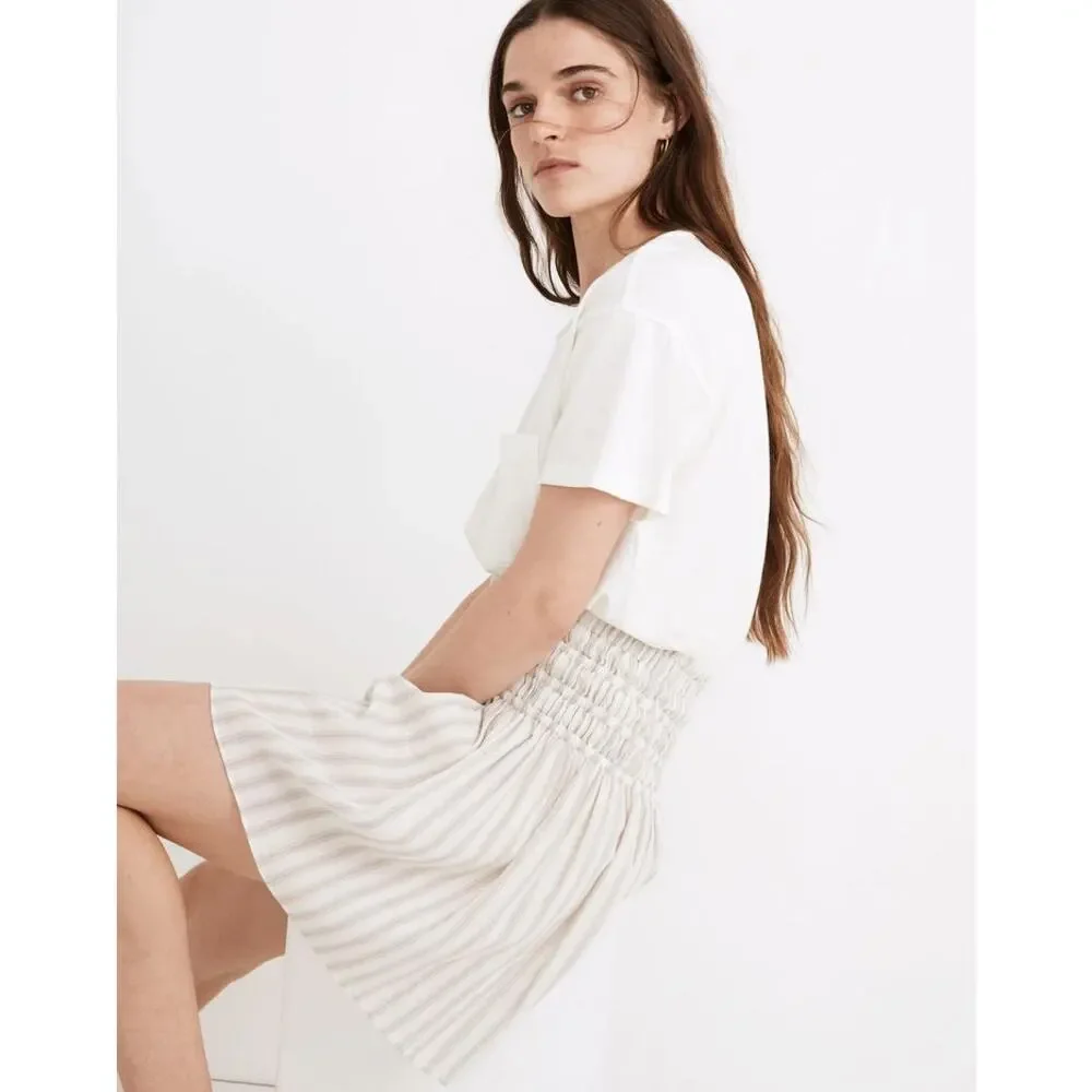 Madewell Smocked Linen Pull-On Mini Flared Flowing Skirt in Cool Fog Stripe